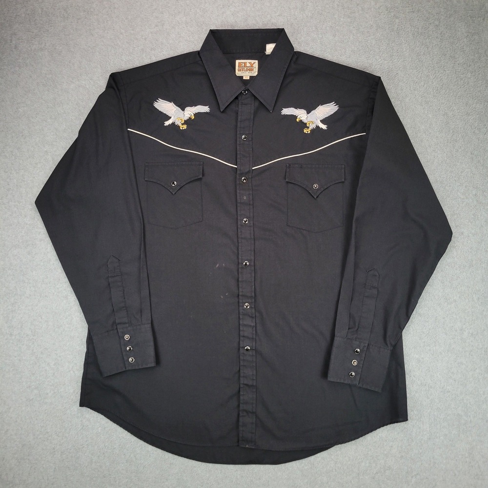 Ely Cattleman Western Shirt Mens XL Black Eagle Embroidered Pearl Snap